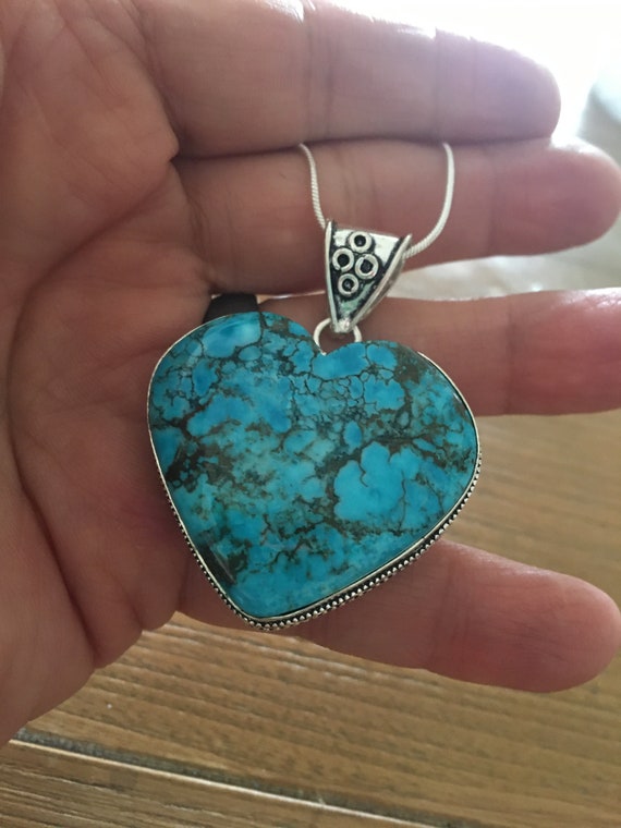 Heart Shaped Vintage Turquoise Pendant Necklace -… - image 8