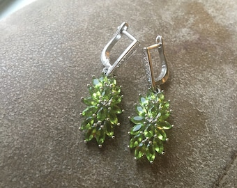 EARRINGS: Beautiful Green Peridot White CZ Silver Earrings - Wedding Peridot Earrings - Green Peridot Dangle Earrings