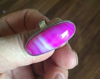 Beautiful Raspberry Oval Botswana Agate Ring - Pink White Stripe Oval Botswana Agate Ring - Pink Oblong Botswana Agate Ring Size 10