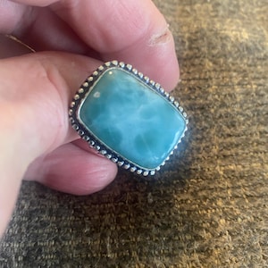 Vintage Rectangle Larimar Gemstone Ring Size 13 - Blue Rectangle Larimar Vintage Ring - Shinny Blue Rectangle Larimar Vintage Ring