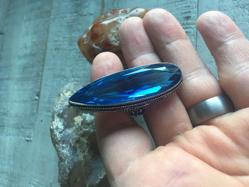 Vintage 925 Sterling Silver Plated Caribbean Blue Art Deco Glass Ring Size 9.75-Blue Quartz Ring-Sterling Silver Overlay Blue Glass Ring