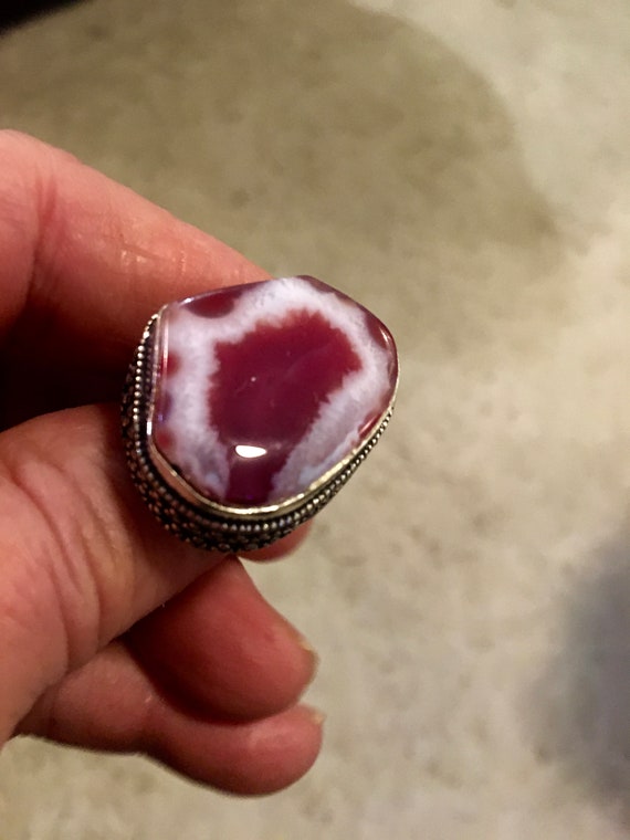 Beautiful Deep Pink Botswana Agate Slice Ring - Pi