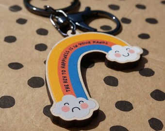 Rainbow & Clouds wooden keyring - eco friendly - recycled keyring - wooden keychain - sustainable - uk handmade