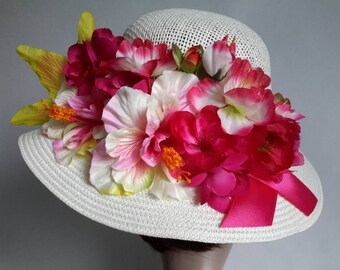 Floral Straw Sun Hat – Fuchsia Hibiscus, Kentucky Derby Style