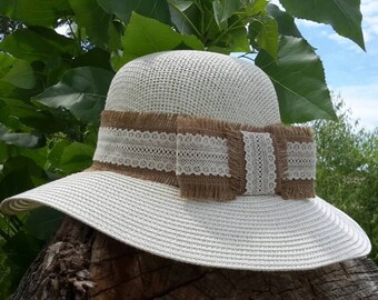 Cream Straw Sun Hat with Burlap Jute and Crochet Ribbon Bow