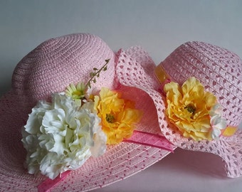 Mother Daughter Sun Hats: Pink & Yellow Floral Derby Style