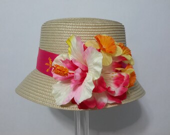 Straw Bucket Hat with Pink and Yellow Tropical Flowers, Hibiscus Cloche Hat