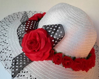 Red Rose Derby Hat, Black and White Polka Dot Ribbon, Tea Party Sun Hat