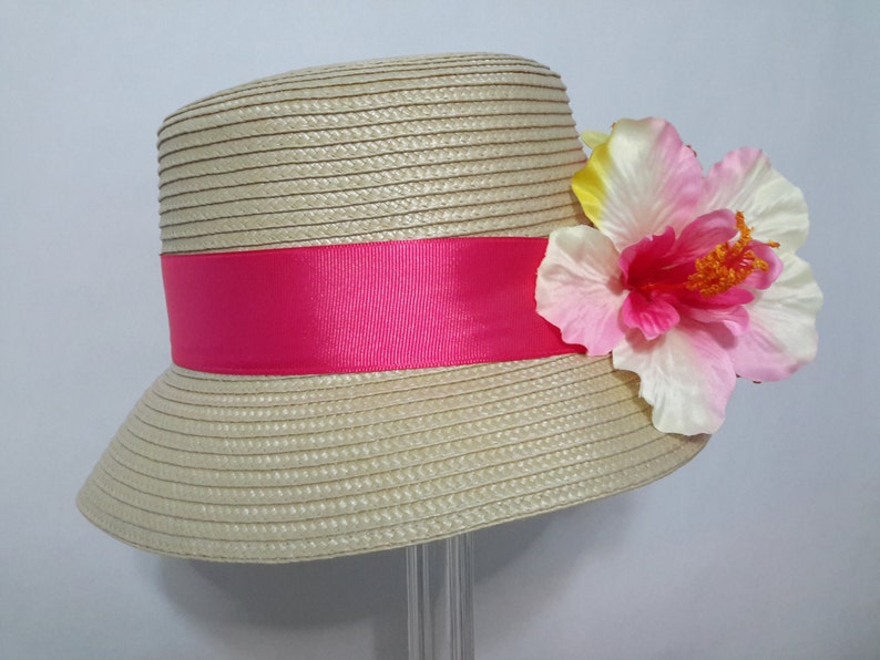 Straw Bucket Hat With Pink and Yellow Tropical Flowers Etsy