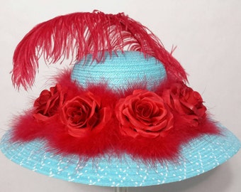 Turquoise, Red and White Kentucky Derby Hat with Red Roses