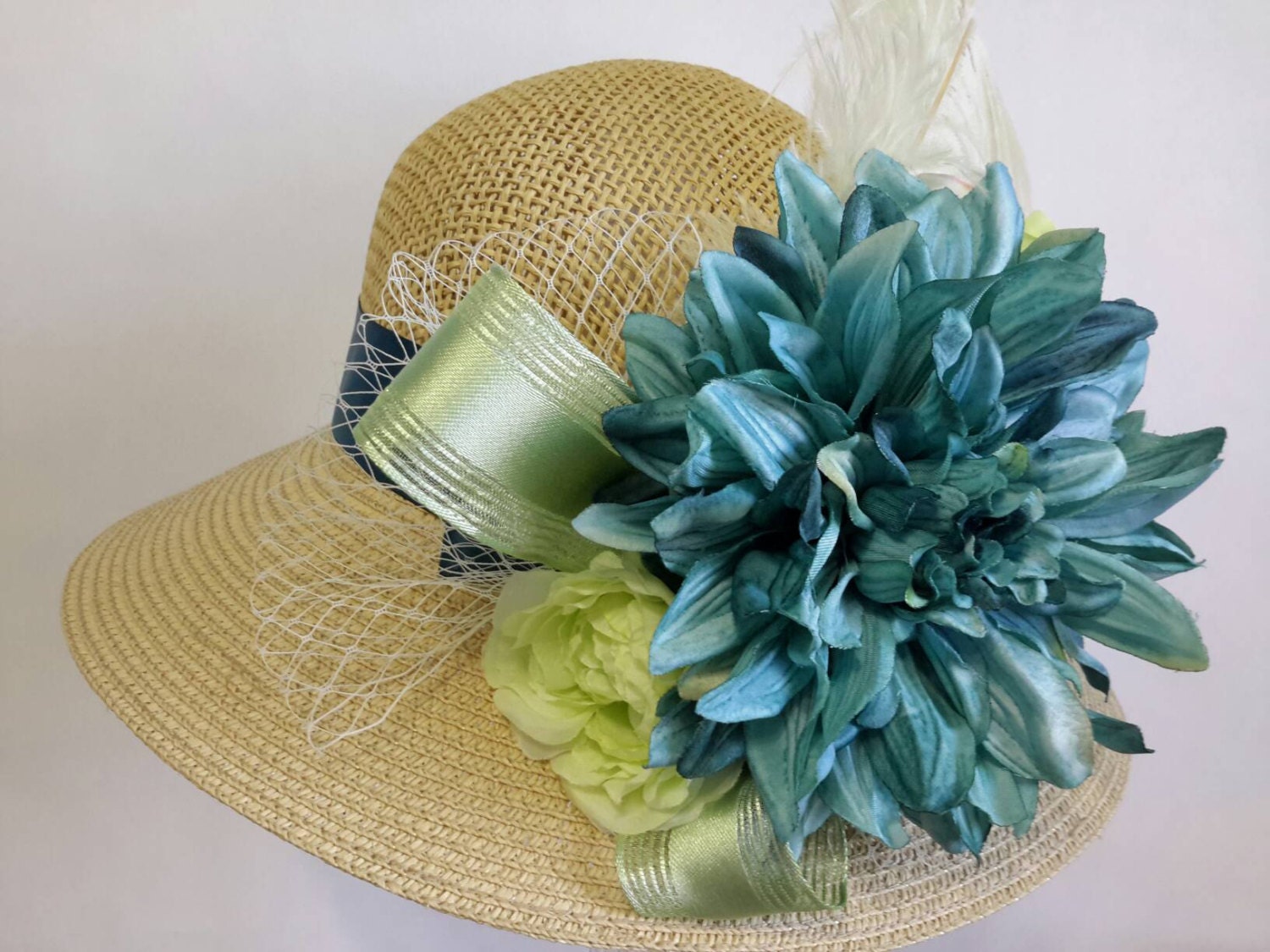 Elegant Cream Hat with Teal Accent Teal and Cream Fascinator - Etsy main image 2
