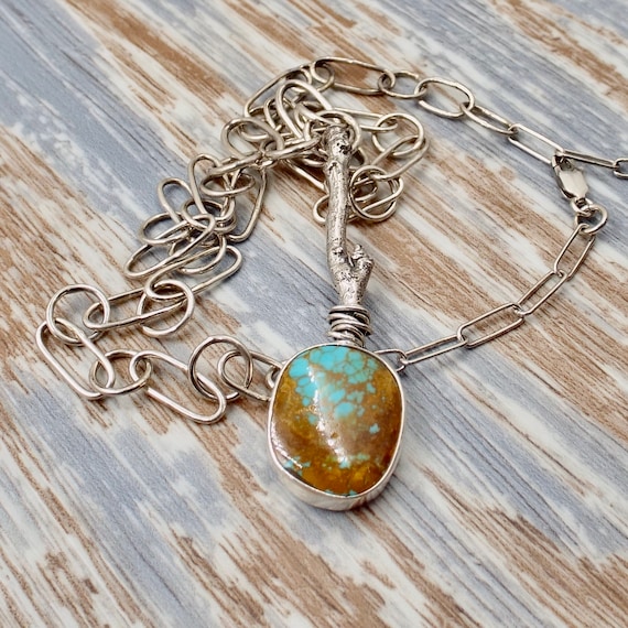 King Manassa Turquoise with a Cast Twig and a Handmade Silver Chain