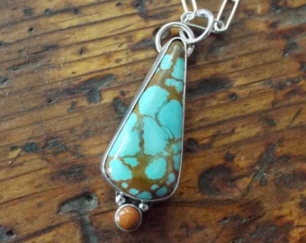 Super Nova Turquoise and Applewood Coral Pendant on a Paperclip Chain