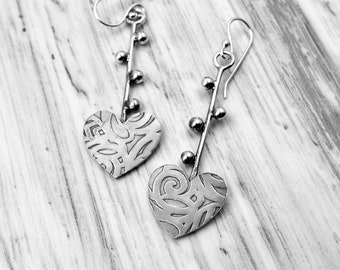 Fancy Hearts with Long Stems and Shiny Ball Accents, Sterling Silver Earrings