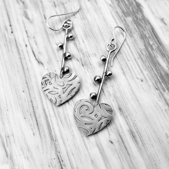 Fancy Hearts with Long Stems and Shiny Ball Accents, Sterling Silver Earrings
