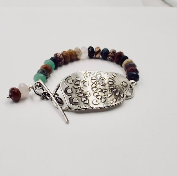 Patterned Silver and Faceted Gemstone Bracelet