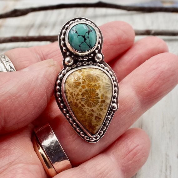 Teardrop Fossil Coral and Tibetan Turquoise Ring in a Sterling Silver Setting Statement Jewelry, Bead Wire Trim Size 9 1/2