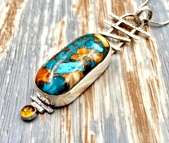 Turquoise Spiny Oyster Sterling Silver Pendant with Citrine