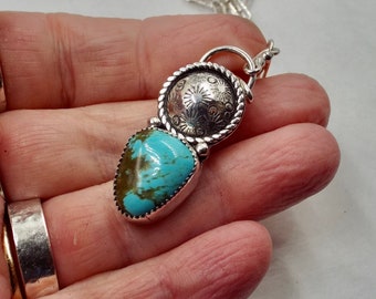 Kingman Turquoise Set in a Serrated Bezel, Western Style Patterned Dome with Twisted Rope Detail, Sterling Paperclip Chain