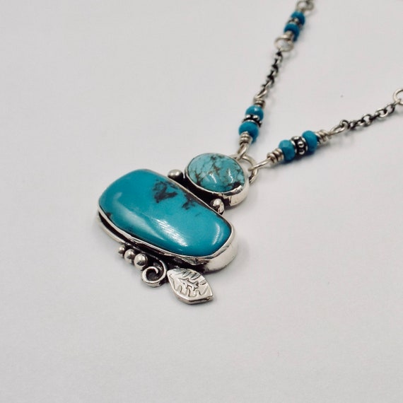 Kingman Turquoise Pendant, Delicate Oxidized Sterling Beaded Chain