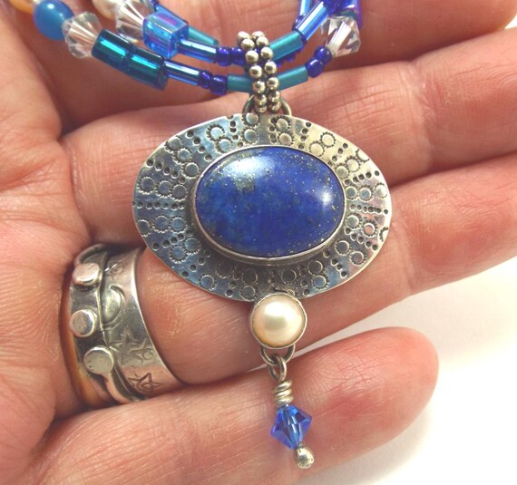 Handmade Lapis & Pearl Pendant Necklace: Sterling Silver, Crystal Beads