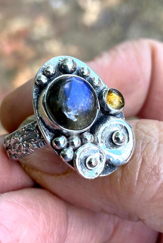 Sterling Ring with Labradorite and Citrine, Fantasy Flowers and Silver Beads