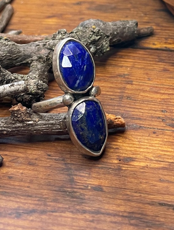 Two Rose Cut Lapis and Sterling Silver Ring