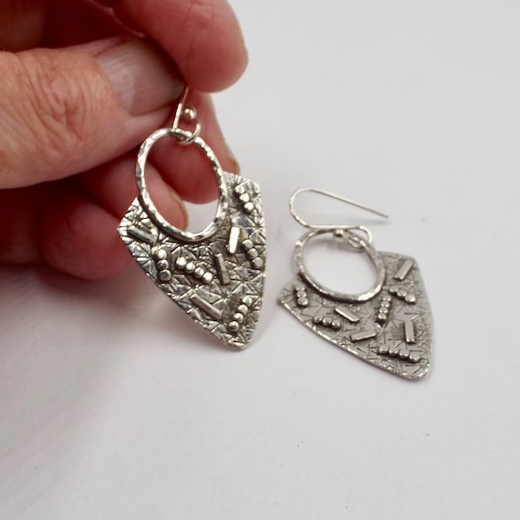 Sterling Shield Shaped Earrings, Stamped And Hammered Silver