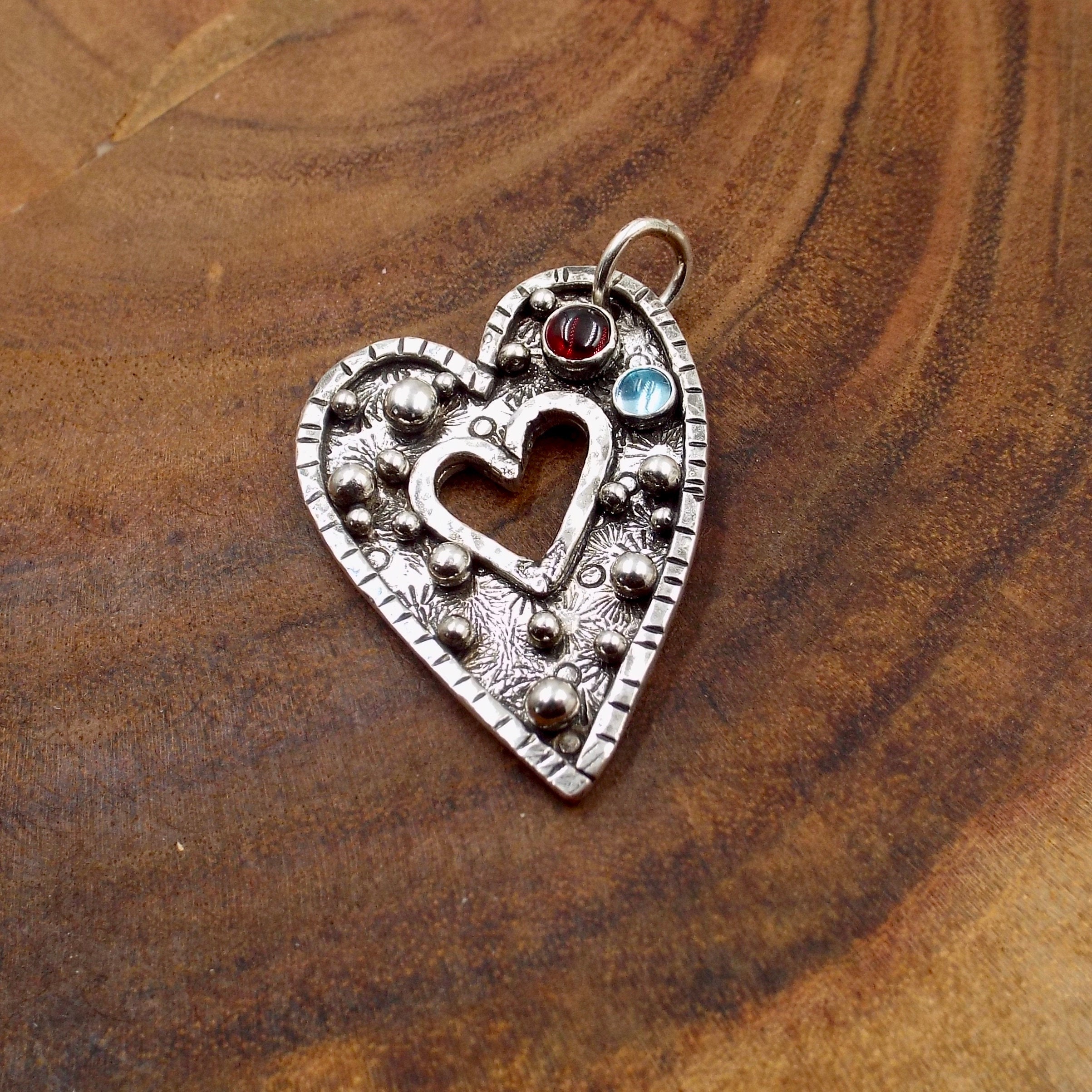 Sterling Silver Heart With Garnet And Blue Topaz Gemstones, Silver ...
