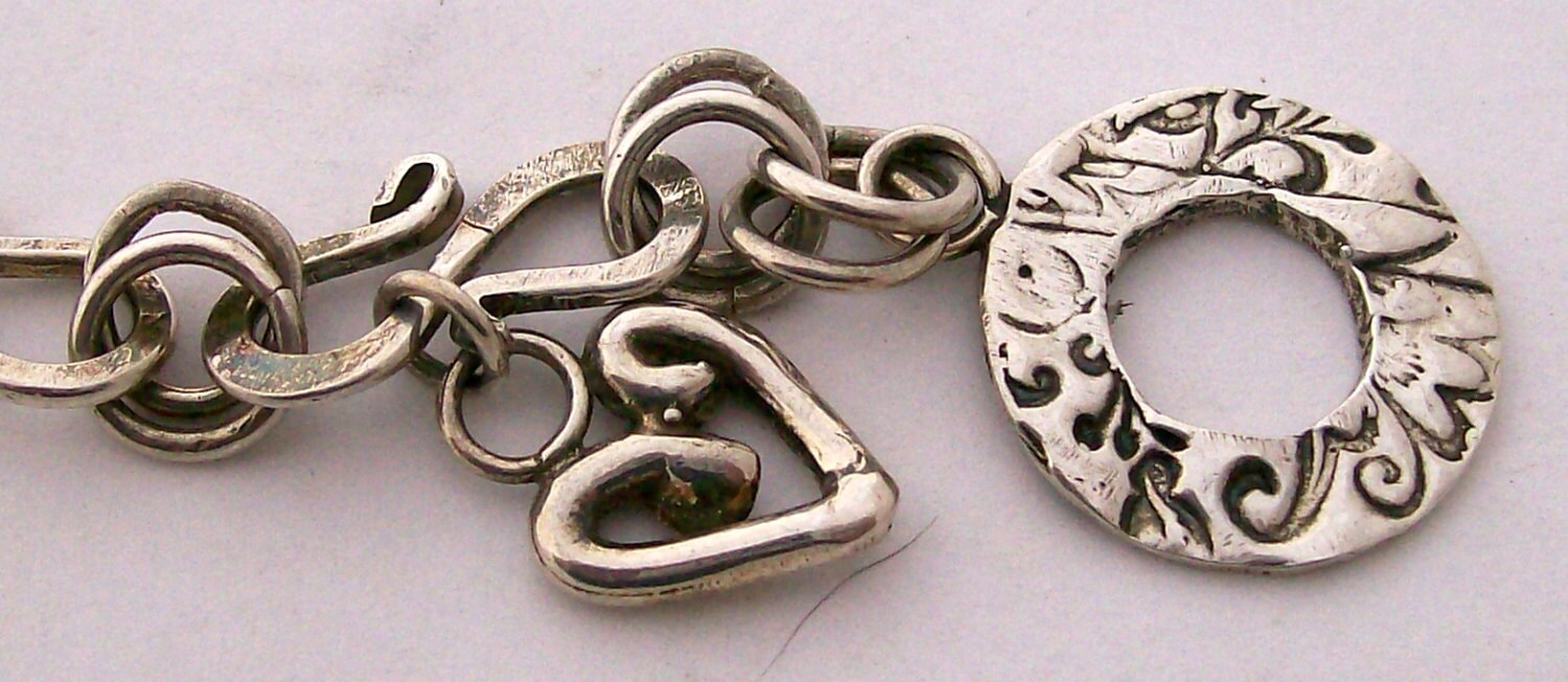 Sterling SHook Charm Bracelet, Hammered Links, Toggle Clasp, Heart