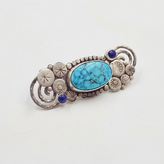 Turquoise and Lapis Sterling Pendant with Silver Spirals and Circle Ornaments, Royston Nevada Mines