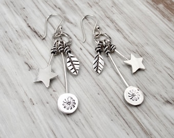 Leaves, Stars and Circles Earrings, Nature Jewelry, Sterling Silver