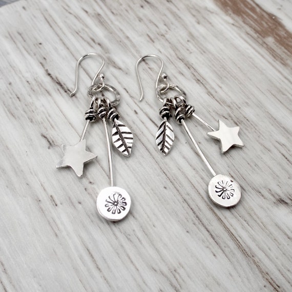 Leaves, Stars and Circles Earrings, Nature Jewelry, Sterling Silver