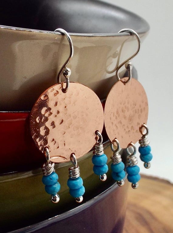 Hammered Copper With Turquoise Beads Earrings
