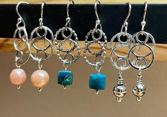 Sterling Silver Earrings, Filigree, Figure Eight Style  with Three Gemstone Options