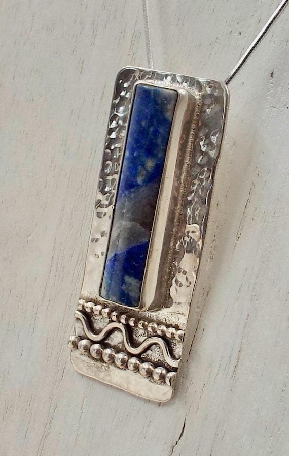 Lapis Gemstone Rectangular Pendant, Hammered Sterling Setting