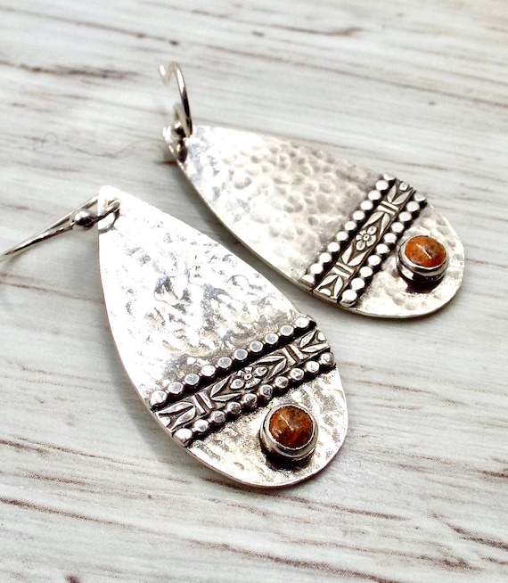 Hammered Silver Teardrop Earrings with Apple Coral Gemstones