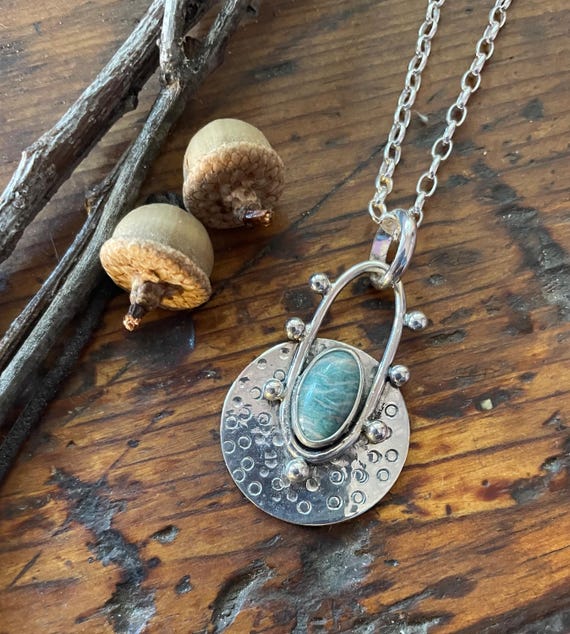 Amazonite Pendant, One inch Circle with Silver Balls, Sterling Silver Chain