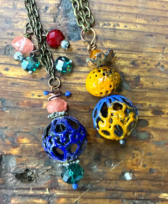 Enameled Filigree Necklaces with Colorful Beads, Torch Fired Metal Beads