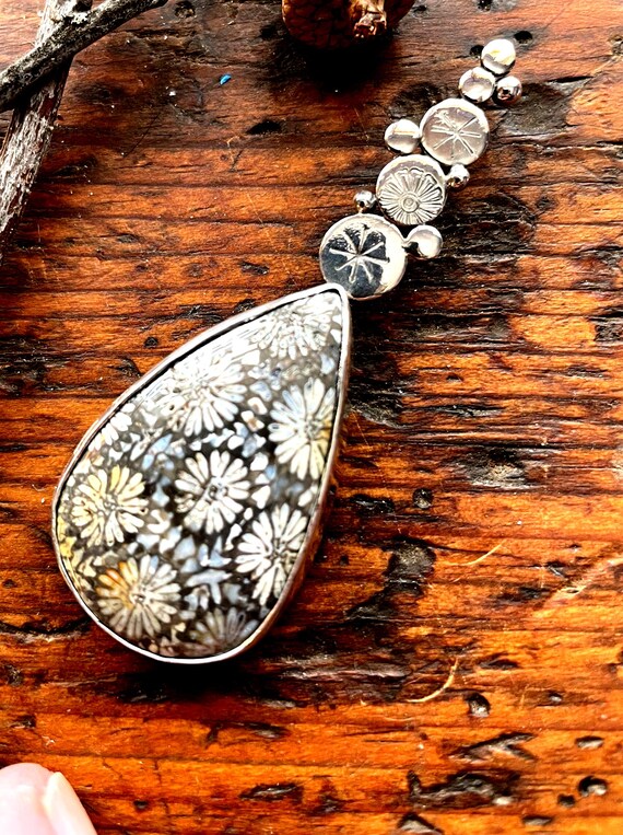 Chrysanthemum Fossil Coral Pendant, Teardrop Sterling Silver