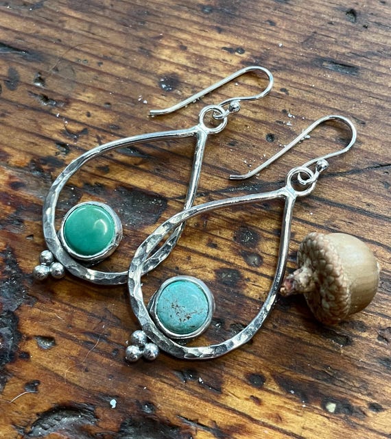 Hammered Sterling Teardrop Earrings with Turquoise Stones