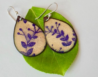 Teardrop Earrings, Copper and Cobalt Enamel Earrings,  Floral Design