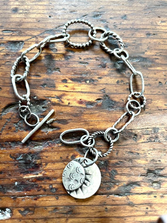 Celestial Charm Bracelet with a Toggle Closure, Boho Variety of Links in Sterling Silver