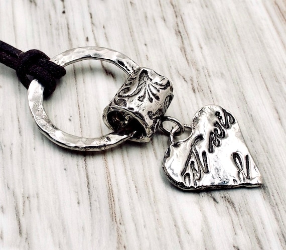 Hammered Sterling Ring With Barrel And Romantic Heart Pendant On A Waxed Cord Necklace