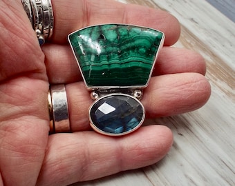 Malachite and Labradorite Pendant, Sterling Silver Setting and Silver Chain