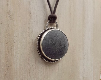 River Rock Pendant In Sterling Setting, On A Waxed Cotton Cord With Sterling Clasp