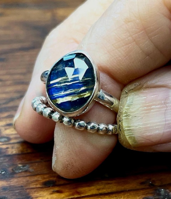 Silver Rutilated Quartz and Labradorite Doublet Ring, Stacking Rings Size 5 1/2"