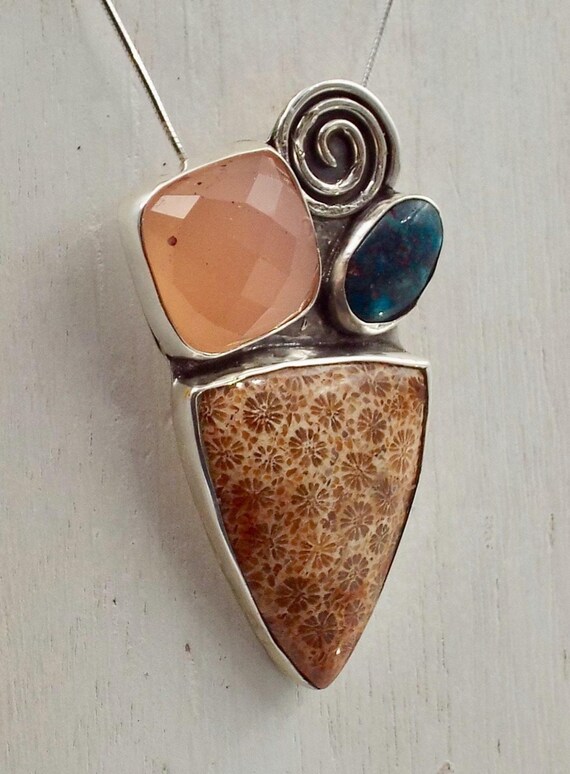 Fossilized Coral, Turquoise and Rose Quartz Gemstone Pendant
