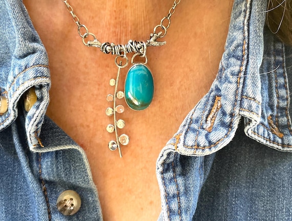 Sterling Silver Twig and Turquoise Bar Necklace with Wrapped Wires and Frond Details
