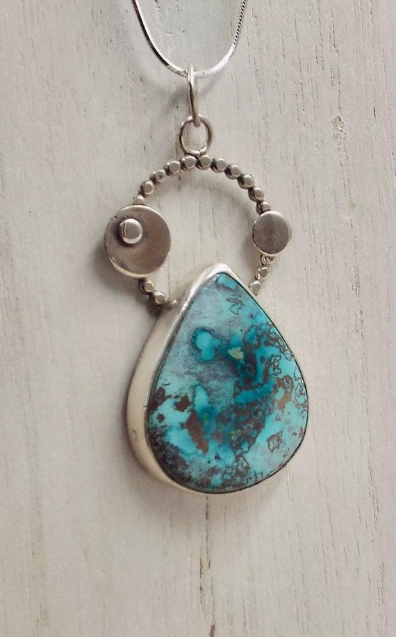 Chrysocolla Teardrop Pendant With Planets Revolving, Celestial Necklace